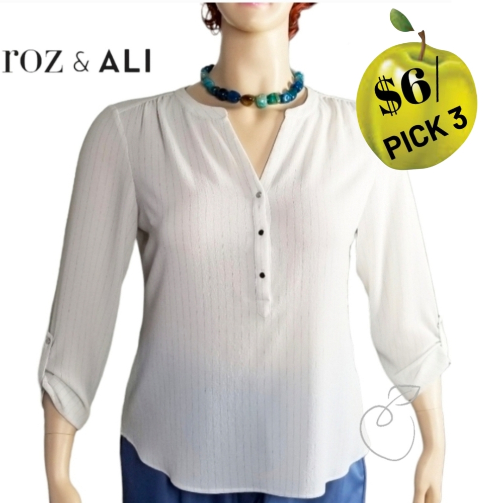 ROZ & ALI METALLIC STRIPED HENLEY  TOP XL